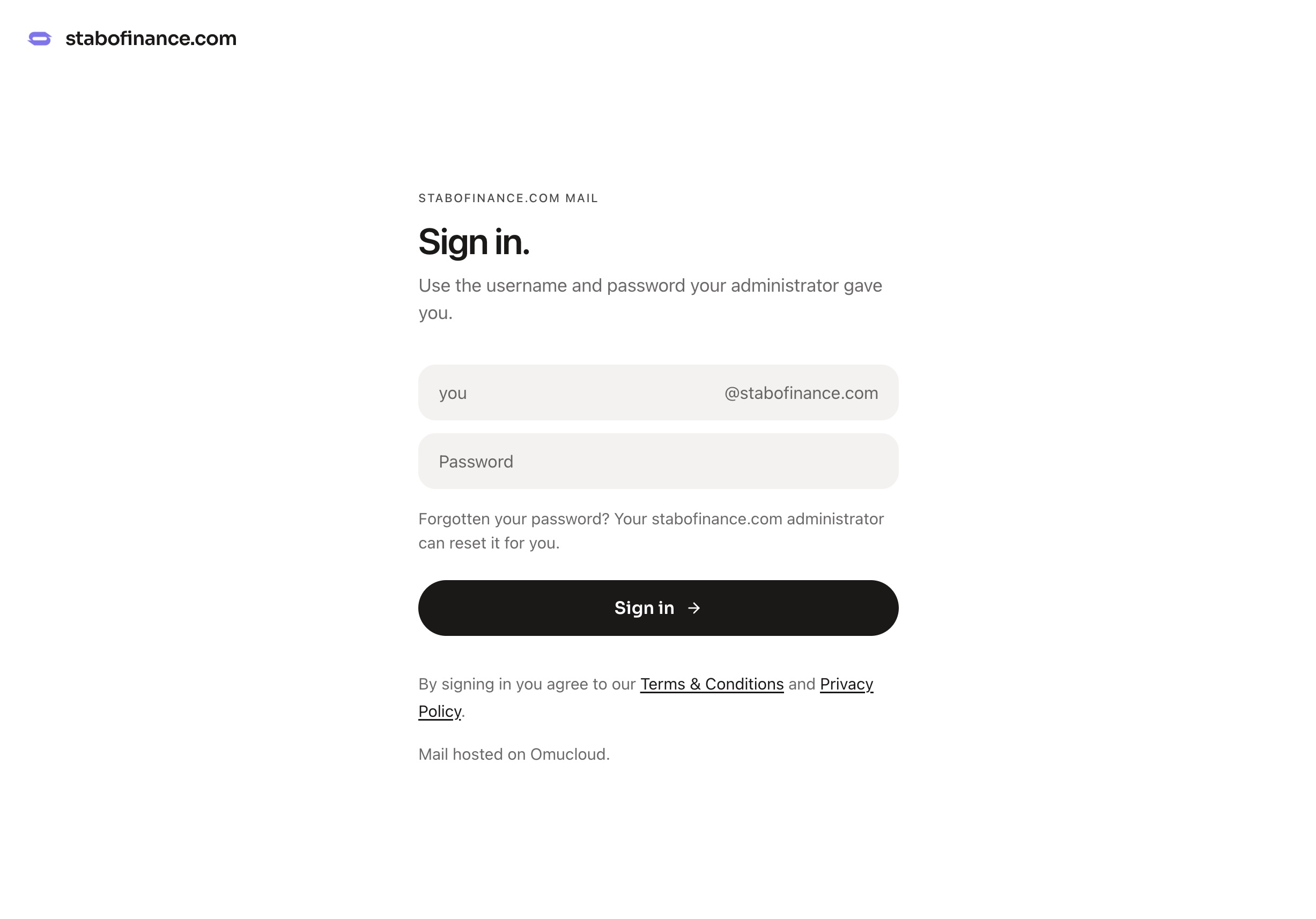 The branded sign-in page for stabofinance.com: the company's own logo and domain above a username and password form, with a note that mail is hosted on Omucloud.