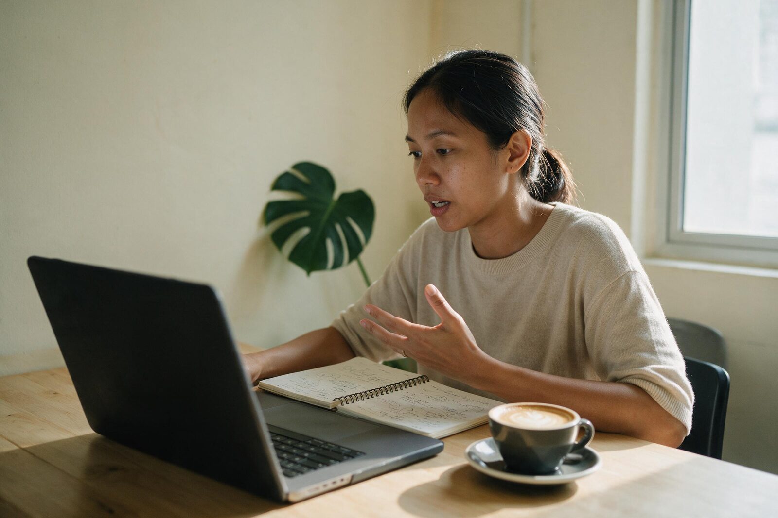 A founder at a plain desk in a small co-working space, mid-sentence on a video call, one hand raised, an open notebook of diagrams in front of her.