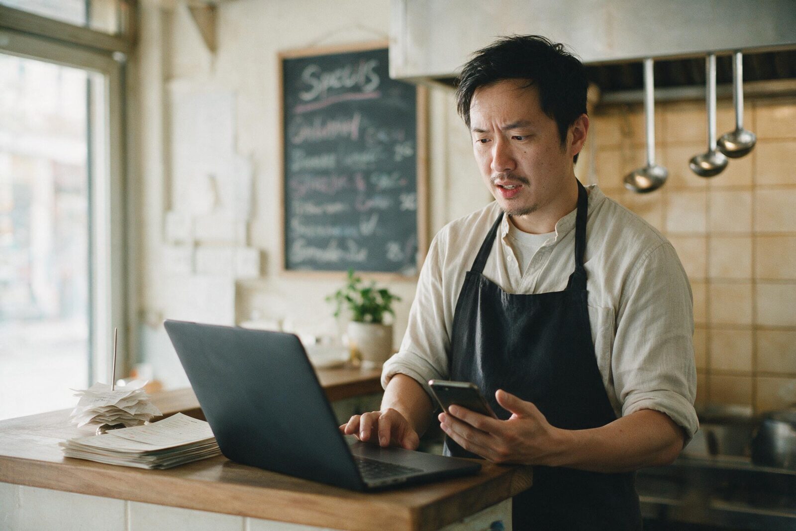 A restaurant owner in an apron stands at his counter before service, looking between an open laptop and the phone in his hand.